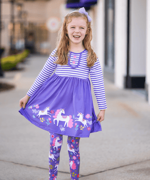 Millie Loves Lily Girls Purple Darling Unicorn Button - Accent A - Line Dress & Leggings Set - Millieloveslily.com
