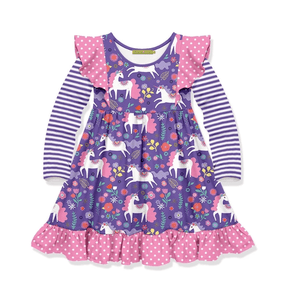 Millie Loves Lily Girls' Purple Darling Unicorn Long Sleeve Dress - Millieloveslily.com