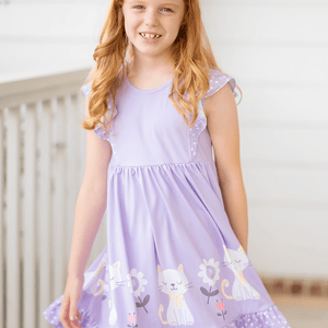 Millie Loves Lily Girls Purple Kitty Border Print Angel Sleeve Dress - Millieloveslily.com