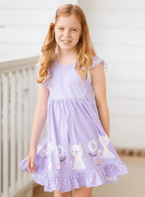 Millie Loves Lily Girls Purple Kitty Border Print Angel Sleeve Dress - Millieloveslily.com