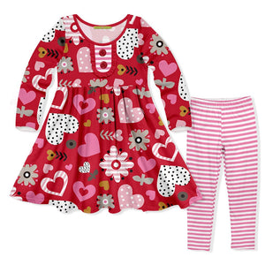 Millie Loves Lily Girls Red Hearts and Flowers Long Sleeve Dress And Legging Set, 2 - PCS - Millieloveslily.com