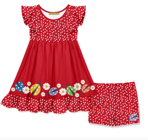 Millie Loves Lily Girls Red Ladybug Border Print Dress & Shorts Set on a white background, front Millieloveslily.com