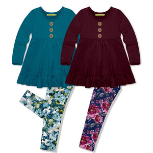 Millie Loves Lily Girls Teal and Burgundy Top & Floral Leggings - Millieloveslily.com