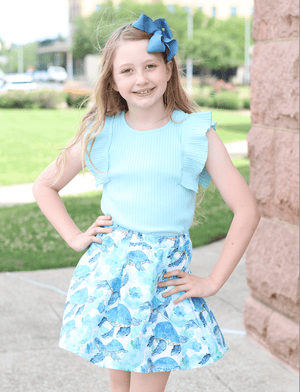 Millie Loves Lily Girls Teal and Mint Rib Tops and Printed Skorts Set, 4 - PCS - Millieloveslily.com