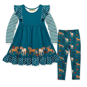 Millie Loves Lily Girls Teal Pony Border Dress & Legging Set - Millieloveslily.com