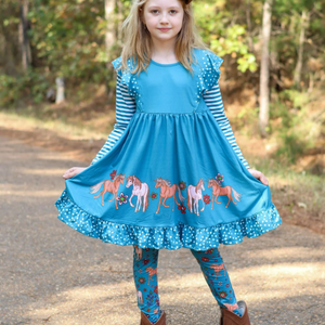 Millie Loves Lily Girls Teal Pony Border Dress & Legging Set - Millieloveslily.com