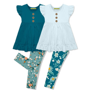 Millie Loves Lily Girls Teal & Sky Floral Garden Leggings Set, Big Girls Pale Blue - Millieloveslily.com