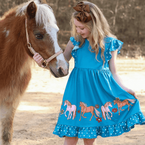 Millie Loves Lily Girls Teal Unicorn Pony Border Angel Sleeve Dress - Millieloveslily.com