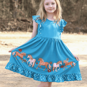 Millie Loves Lily Girls Teal Unicorn Pony Border Angel Sleeve Dress - Millieloveslily.com