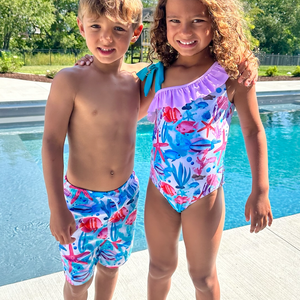 Millie Loves Lily Girls Turquoise Assymetrical Sea Print 1 piece Swimsuit - Millieloveslily.com