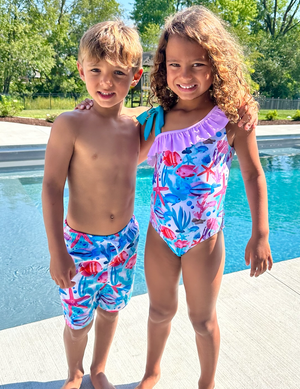 Millie Loves Lily Girls Turquoise Assymetrical Sea Print 1 piece Swimsuit - Millieloveslily.com