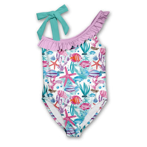 Millie Loves Lily Girls Turquoise Assymetrical Sea Print 1 piece Swimsuit - Millieloveslily.com
