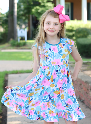 Young girl wearing a  Turquoise Floral Angel Sleeve Dress & Short Set  standing outside, lifestyle,front- Millieloveslily.com