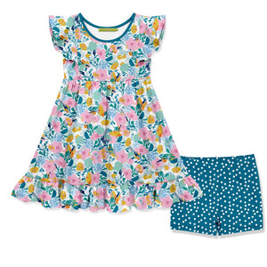 Girls Turquoise Filagree Floral Angel Sleeve Dress & Short Set on a white background, front - Millieloveslily.com