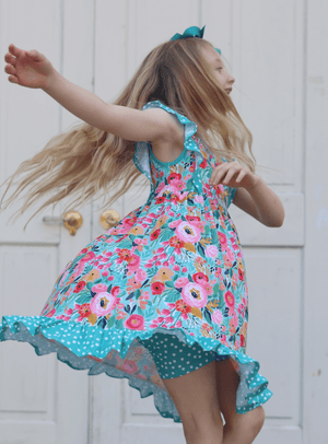 Millie Loves Lily Girls Turquoise New Beginnings Floral Angel Sleeve Dress and Short Set - Millieloveslily.com