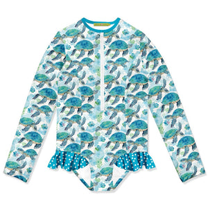 Millie Loves Lily Girls Turquoise Turtle Zip Front Rash Guard, UPF 50+ - Millieloveslily.com