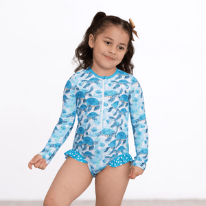 Millie Loves Lily Girls Turquoise Turtle Zip Front Rash Guard, UPF 50+ - Millieloveslily.com