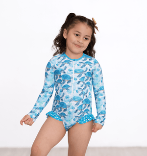 Millie Loves Lily Girls Turquoise Turtle Zip Front Rash Guard, UPF 50+ - Millieloveslily.com
