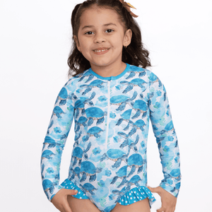 Millie Loves Lily Girls Turquoise Turtle Zip Front Rash Guard, UPF 50+ - Millieloveslily.com