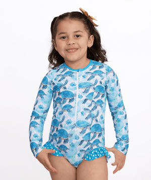 Millie Loves Lily Girls Turquoise Turtle Zip Front Rash Guard, UPF 50+ - Millieloveslily.com