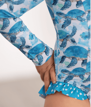 Millie Loves Lily Girls Turquoise Turtle Zip Front Rash Guard, UPF 50+ - Millieloveslily.com