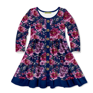 Millie Loves Lily Navy Floral Dress with Decorative Buttons and Contrast Banding - Millieloveslily.com