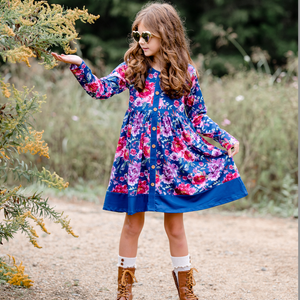 Millie Loves Lily Navy Floral Dress with Decorative Buttons and Contrast Banding - Millieloveslily.com