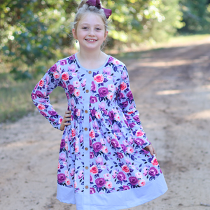Millie Loves Lily Periwinkle Floral Dress with Decorative Buttons and Contrast Banding - Millieloveslily.com