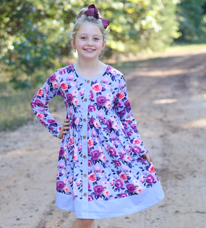 Millie Loves Lily Periwinkle Floral Dress with Decorative Buttons and Contrast Banding - Millieloveslily.com