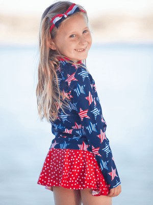 Millie Loves Lily Red,Wht,Blue Stars & Stripes Rashguard With Skirty Bottom and Shorts - Millieloveslily.com