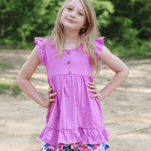 Millie Loves Lily Violet Angel Sleeve Top & Block Floral Print Shorts Set,(Size 3T - 12),2PCS - Millieloveslily.com