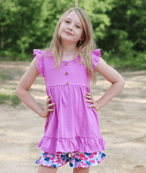Millie Loves Lily Violet Angel Sleeve Top & Block Floral Print Shorts Set,(Size 3T - 12),2PCS - Millieloveslily.com