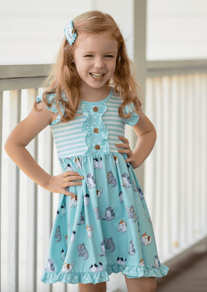 Mint Kitty Dreams Button - Front A - Line Dress & Stripe Shorts - Millieloveslily.com