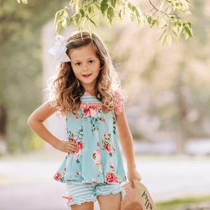 Mint & Pink Chloe Floral Ruffle Sleeveless Top & Stripe Bow Shorts - Millieloveslily.com