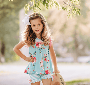 Mint & Pink Chloe Floral Ruffle Sleeveless Top & Stripe Bow Shorts - Millieloveslily.com