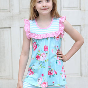 Mint & Pink Chloe Floral Ruffle Sleeveless Top & Stripe Bow Shorts - Millieloveslily.com
