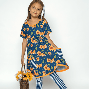 Navy Cats Sunflowers Pocket A-Line Dress & Stripe Leggings - Millieloveslily.com