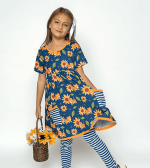 Navy Cats Sunflowers Pocket A-Line Dress & Stripe Leggings - Millieloveslily.com