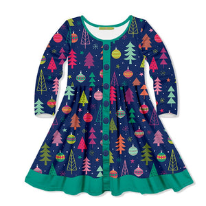 Navy Christmas Tree Forest A-Line Dress - Millieloveslily.com