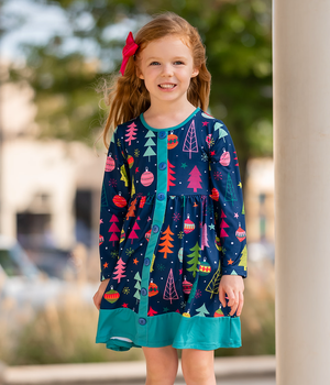 Navy Christmas Tree Forest A-Line Dress - Millieloveslily.com