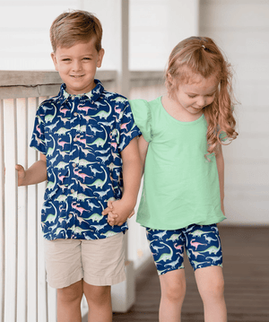 Navy Dino Dynamic Short - Sleeve Button - Up - Millieloveslily.com