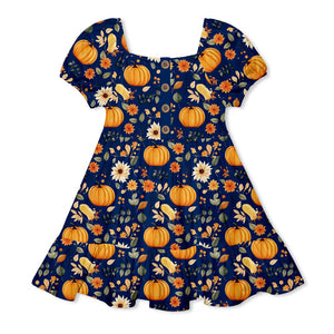 Navy Pumpkin Forest Ruffle-Hem A-Line Dress - Millieloveslily.com