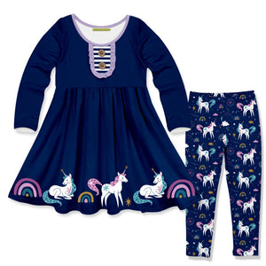 Navy Unicorn Dream Border Button-Accent A-Line Dress & Leggings - Millieloveslily.com