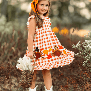 Orange Gingham Turkey Angel-Sleeve Dress - Millieloveslily.com