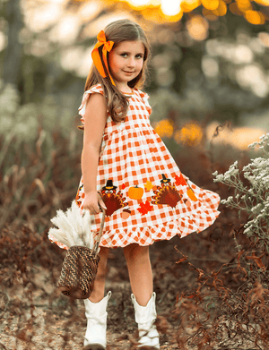 Orange Gingham Turkey Angel-Sleeve Dress - Millieloveslily.com