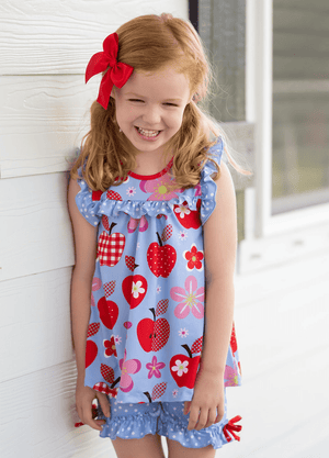 Periwinkle Apple Cart Ruffle Sleeveless Top & Polka Dot Bow Shorts - Millieloveslily.com