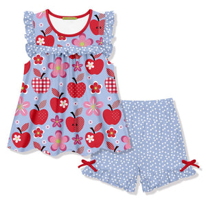 Periwinkle Apple Cart Ruffle Sleeveless Top & Polka Dot Bow Shorts - Millieloveslily.com