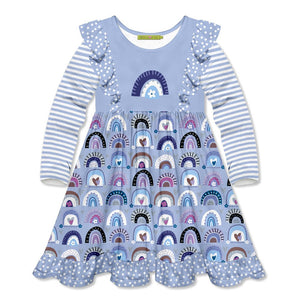 Periwinkle Rainbow Hearts Ruffle-Accent Long-Sleeve A-Line Dress - Millieloveslily.com