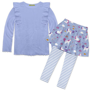 Periwinkle Ribbed Long-Sleeve Top & Unicorn Princess Skirted Leggings - Millieloveslily.com