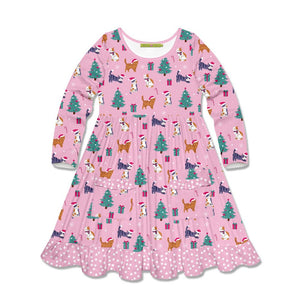 Pink Christmas Forest Patch-Pocket Long-Sleeve A-Line Dress - Millieloveslily.com